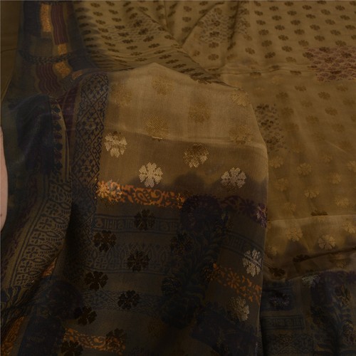 Sanskriti Vintage Sarees Brown Pure Crepe Silk Printed & Woven Sari 6Yd Fabric - Picture 6 of 12