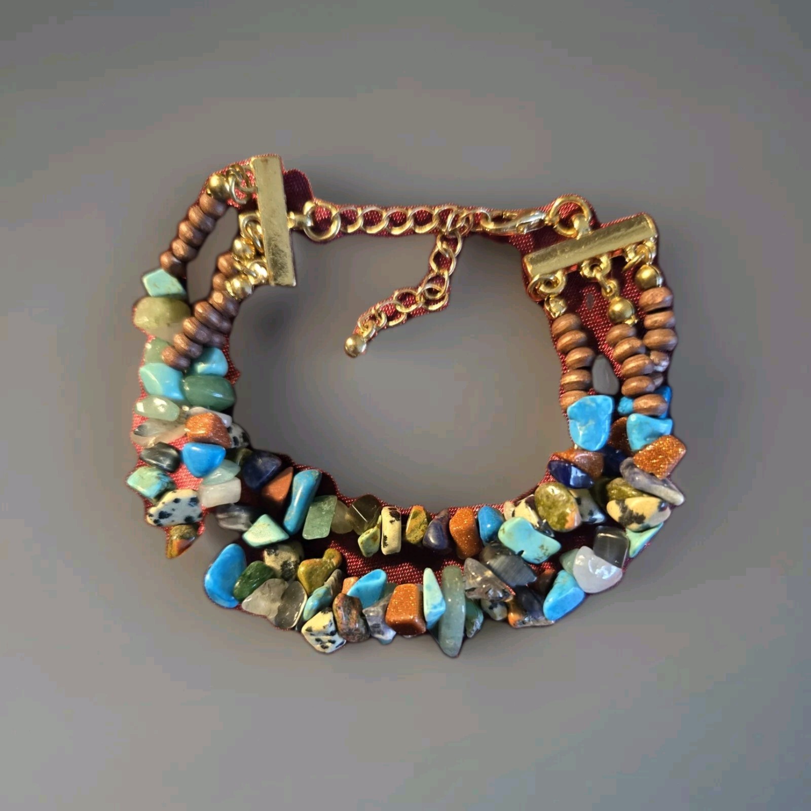 Semi-Precious Stone Chip Triple Strand Goldtone Bracelet 9.5 Inches-image