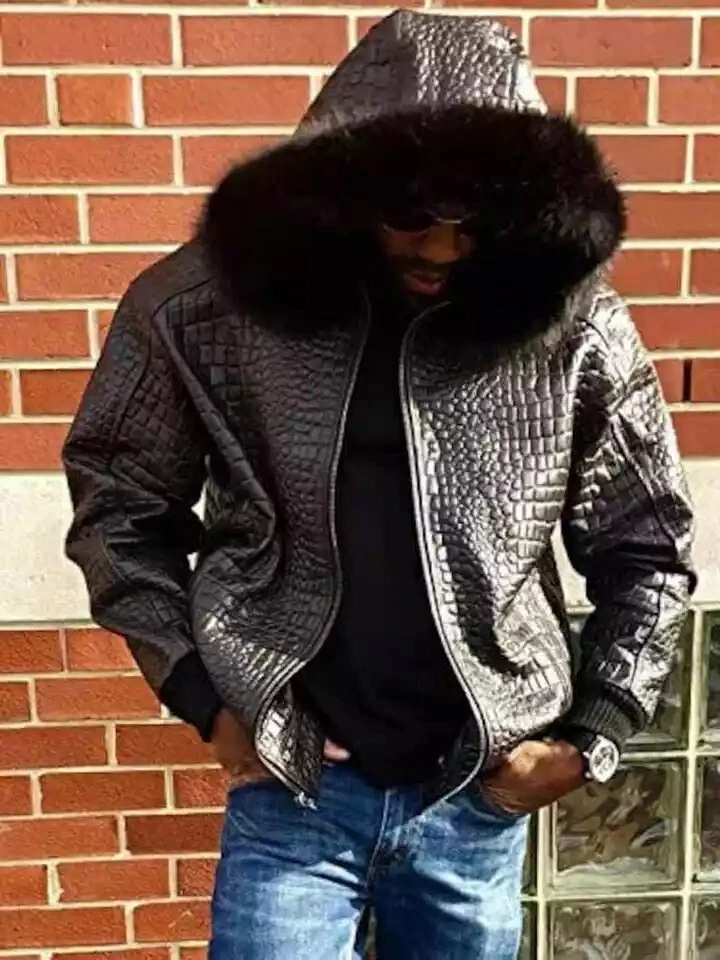 Men's Black Real Cowhide Crocodile Embossed Jacket Biker Jacket Bomber Hoodie