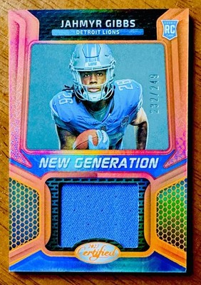 2023 Certified New Generations #NGJGM-15 Jahmyr Gibbs /249 RC PATCH Orange (MEM)