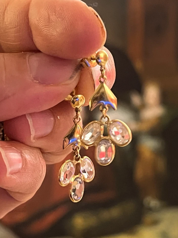 Orecchini pendenti oro giallo 18K 3,76g con pietre ovali trasparenti vintage - Immagine 2 di 4