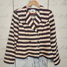 Cabi Love Carol Size 6 Striped Double Breasted Blazer Navy Cream Gold Button