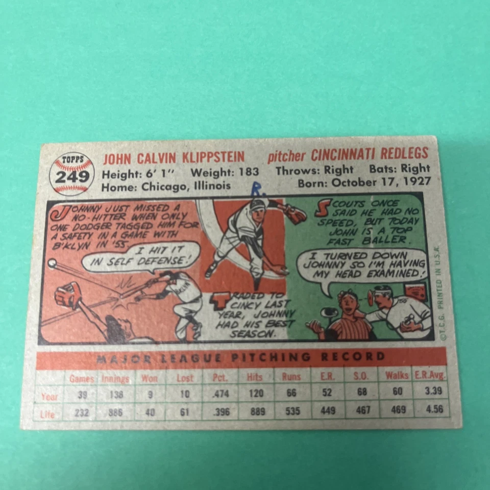 1956 Topps Baseball Card #249 JOHNNY KLIPPSTEIN * REDLEGS mark on back   Foto 2 de 4