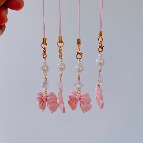 Handmade Pink Bow Charm – Cute Phone Strap / Bag Accessory with Pearl & Star - 第 4/5 張圖片