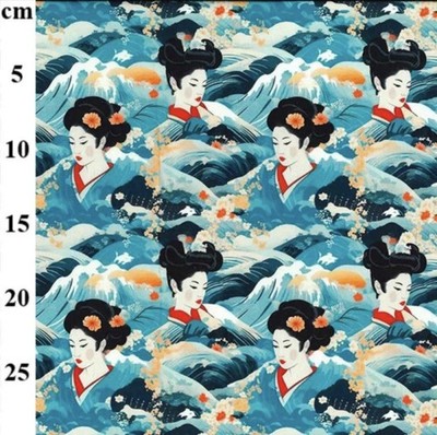 Rose & Hubble japanischer Geisha Print Baumwoll Popeline Stoff blaue Wellen - 112 cm breit