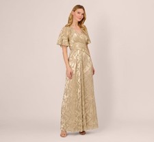 Adrianna Papell Women's Foil Leaf Flutter-Sleeve Draped Gown - Gold, Size 10