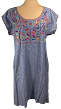 Abrazo Style Chambray Shift Dress Blooming Vine Size L Large Cotton Embroidered