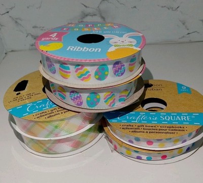 Lot of 6 Happy Easter Ribbon Spools, Pastel Bunny Chick Egg Craft Ribbon