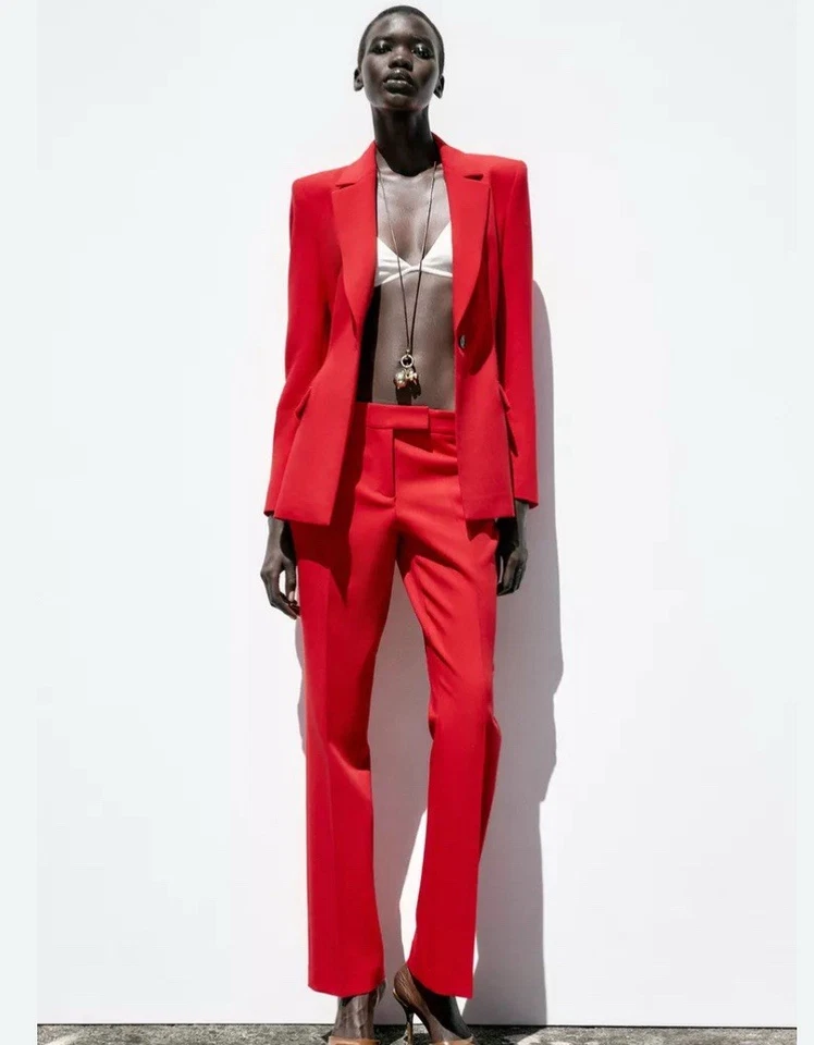 ZARA NEW WOMAN RED FITTED TAILORED BLAZER JACKET AND MATCHING TROUSERS Size M - Image 3 of 4