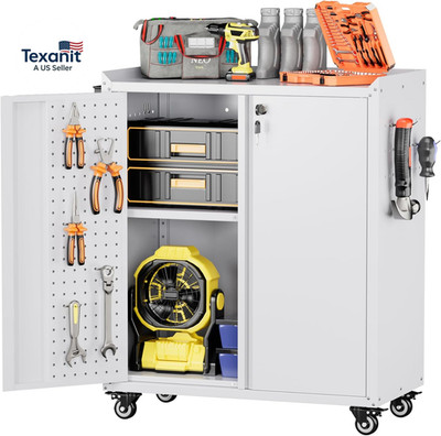 Garage Storage Cabinet with Wheels,Lockable Metal Storage Cabinet on Wheels, Peg