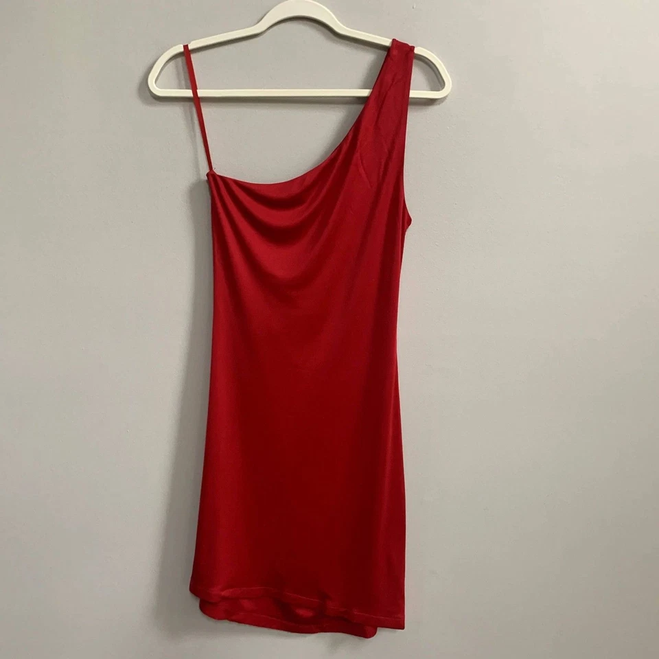 Laila Azhar Silk One Shoulder Dress Ruched Waist Short Red Medium Y2K Holiday  - Image 4 of 4