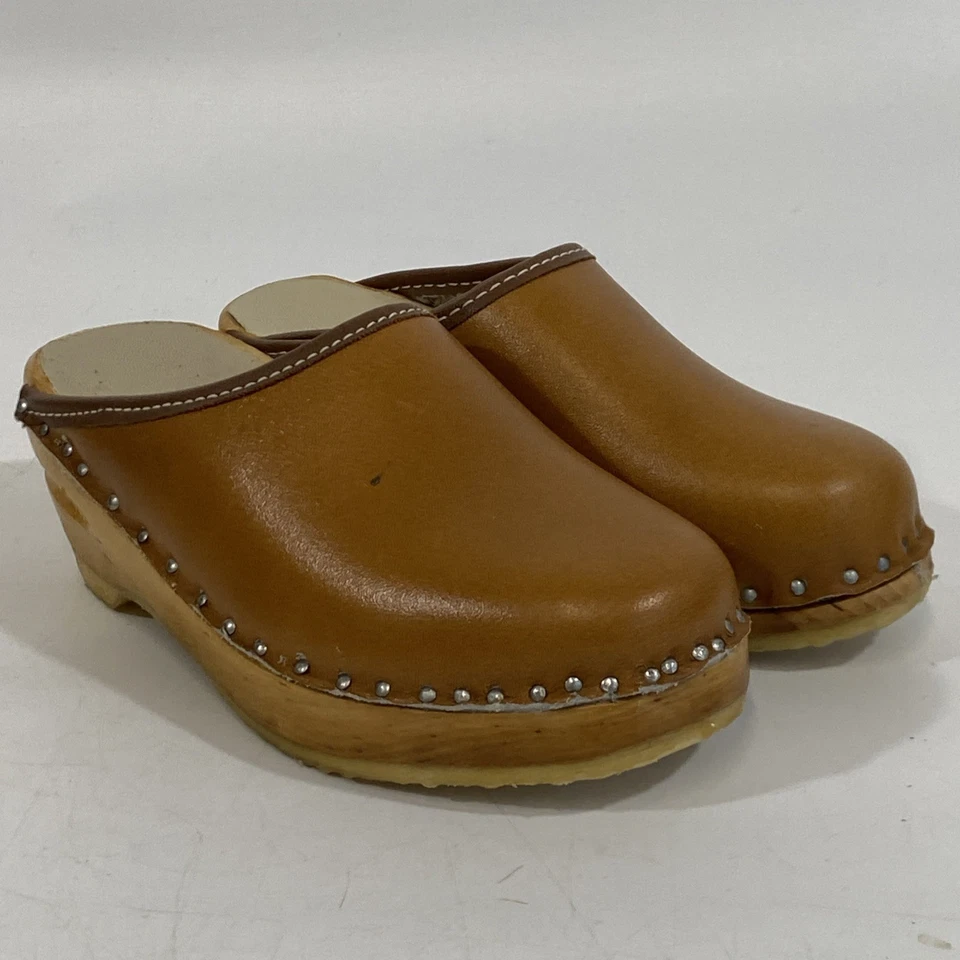 Vintage Girls Swedish Bastad-Toffeln Wood & Tan Leather Clogs Size 24 Us 8 - Image 2 of 4