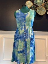 Blue Green Tie Dye Button Front Pocket Midi Dress Women's Medium