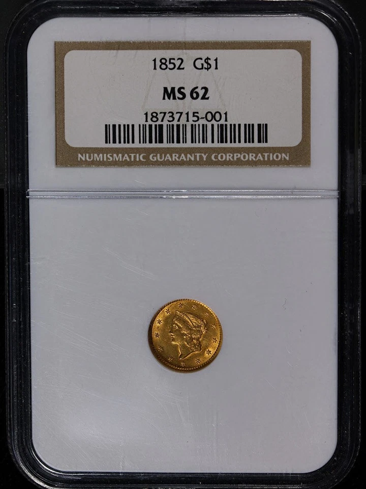 Oro Liberty 1852-P Tipo 1 $1 NGC MS62 Gran atractivo visual Fuerte golpe Foto 3 de 4