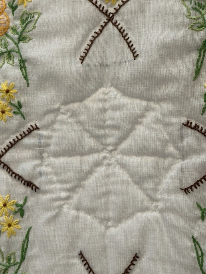 Handmade Embroidered Quilt Hand Quilted Vintage Yellow Flowers Floral ...