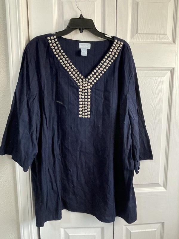 Maggie Barnes 3X Navy Silver Stud Detail Cotton Tunic 3/4 Sleeve Euc 7.00 Ship