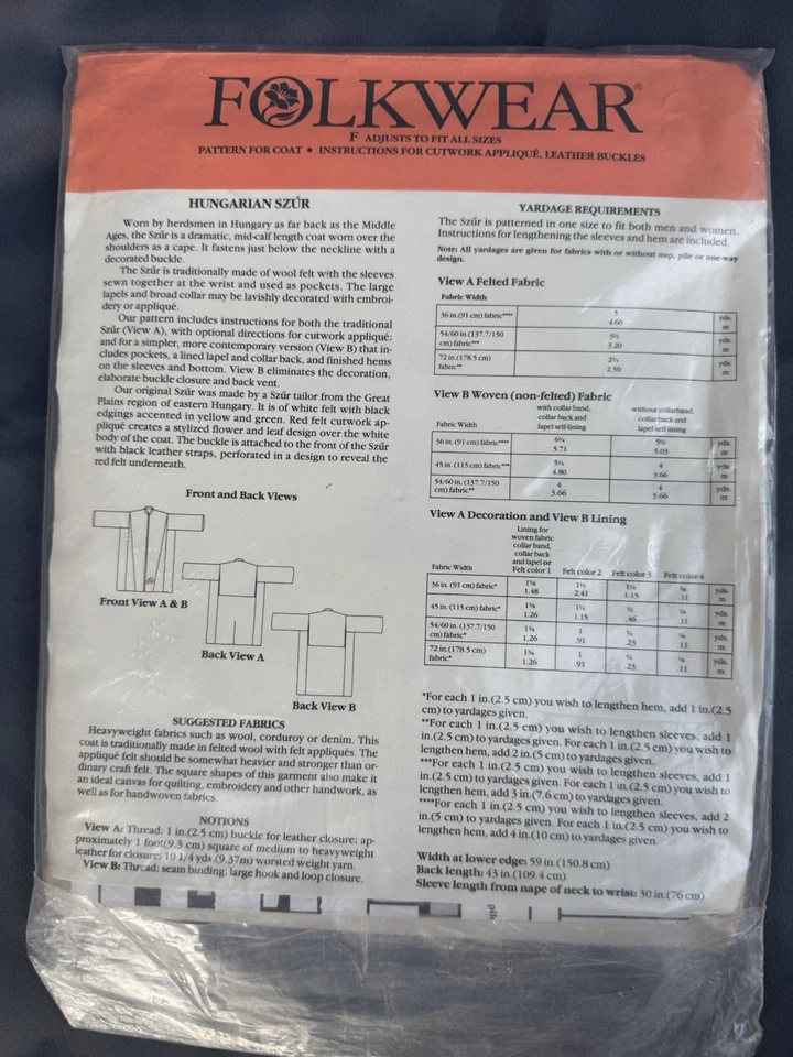 Vintage Folkwear Pattern 150 Hungarian Szur Coat F Adjusts to Fit All Sizes 1990 - Image 2 of 2