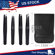 US Tweezers Set 4 Piece Professional Black Plucker Stainless Steel With Case