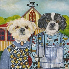AMERICAN GOTHIC STYLE FOLK ART DOG PORTRAIT PAINTING COMMISSION CANADA  2 DOGS