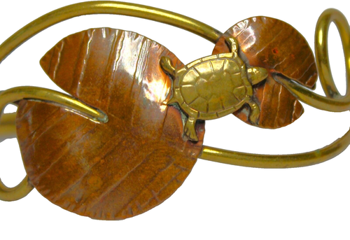 Vintage Turtle Cuff Bracelet 6" Enameled Copper Brass Studio Made - Picture 3 of 6