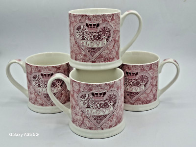 4 Mugs Queens MADE WITH LOVE Mug Pink Red Hearts Valentine's England