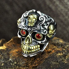 Genuine Men's Solid 925 Sterling Thai Silver Ring Skull Garnet Open Size 8 to 13