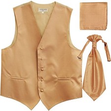 New Men's Horizontal Stripes Tuxedo Vest Waistcoat Ascot Hankie Set Beige