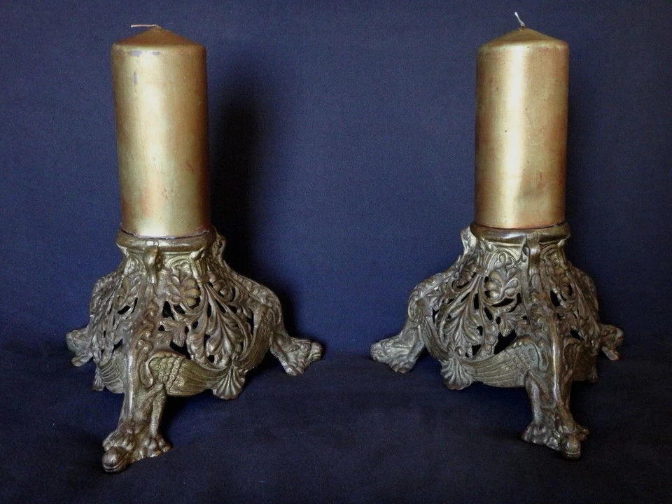 Ancienne paire de bougeoir en bronze église Old religious candlestick XIX - Photo 2/3