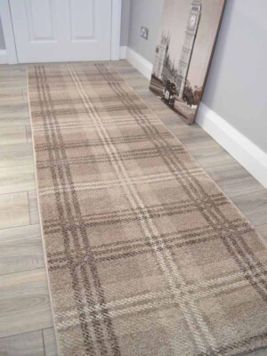 Beige Tartan Hallenläufer Teppich neutral sehr lange dünne Flurteppiche JEDE Länge
