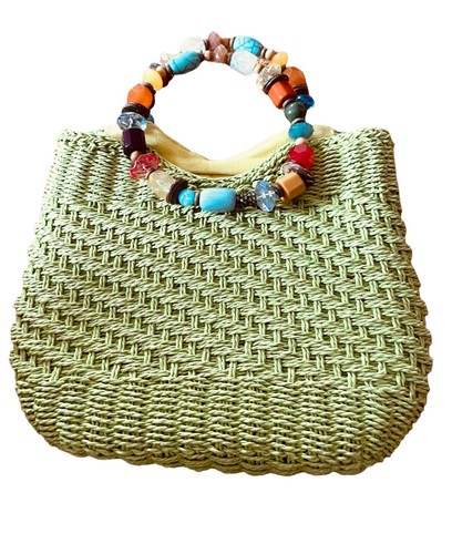 Cappelli Straworld Handbag Woven Beaded Handle Lime Green Purse - Picture 2 of 4