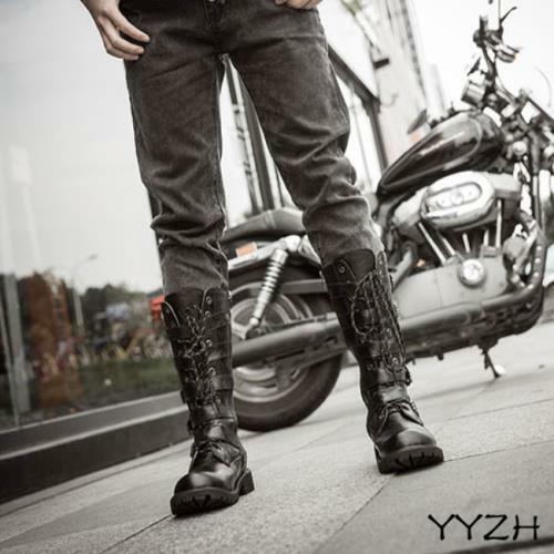 Biker Boots Men's Calf High Boots Black Mid Calf Biker Boots