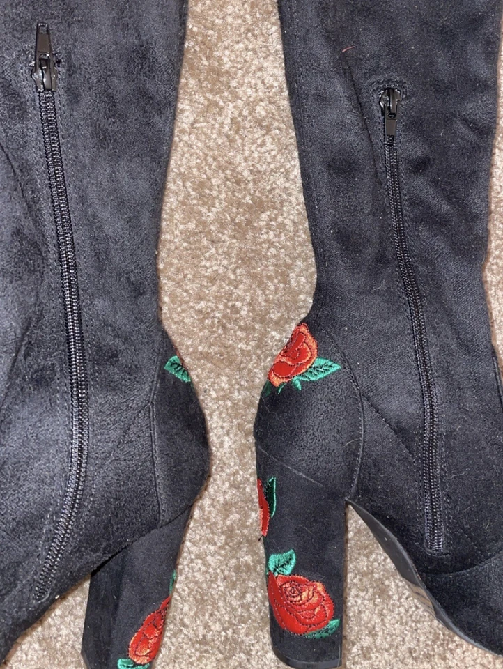 WILD DIVA-Black Suede Thigh High Rose Embroidered High Heel Boots-Size 6.5 - Image 4 of 4