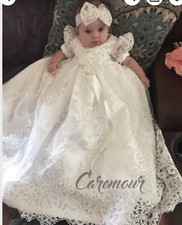 Vintage White Ivory Baby Girls Christening Gown Lace Short Sleeve Baptism Dress