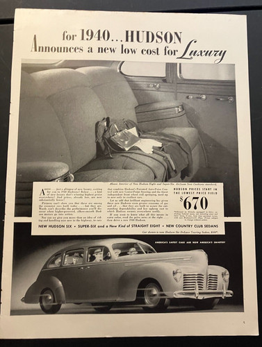 1940 Hudson Cars "New Low Cost For Luxury" - Vintage Original Print Ad Wall Art