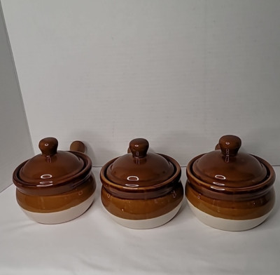 Vintage Stoneware French Onion Soup Crockpot Bowl with Lid set of 3 Mugs