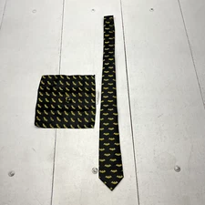 Barry.Wang Black Bat Print Silk Novelty Tie Set W/ Pocket Square One Size NEW