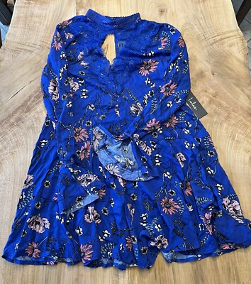 NWT Lulu’s “New You” Royal Blue Floral Lace Long Sleeve Mini Dress Size XS 