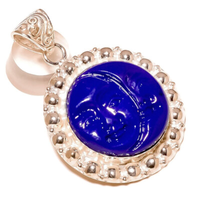 Double Moon Blue Onyx Gemstone 925 Sterling Silver Handmade Engraved Pendant