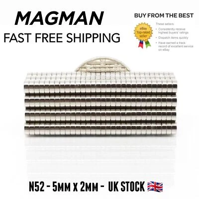 MAGMAN 100x Strong Magnets N52 5mm x2 mm Neodymium Disc craft magnet - 5 x 2 Fast Post