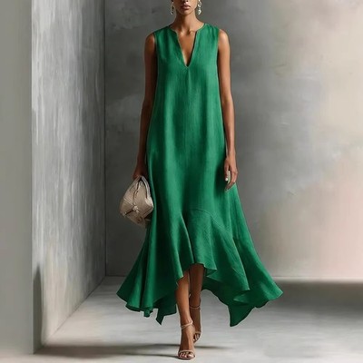 Women's Deep V Neck Maxi Dress Sleeveless Asymmetrical Hem Elegant