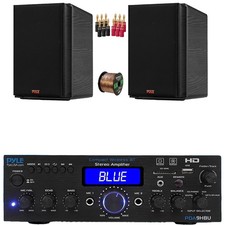Pyle Bluetooth FM Stereo Receiver, 2x 5.25  Black HiFi Speakers, Banana Plugs