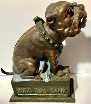 Antique Cast Iron  BULL DOG BANK  Mechanical Coin Bank   Early Original   Heavy