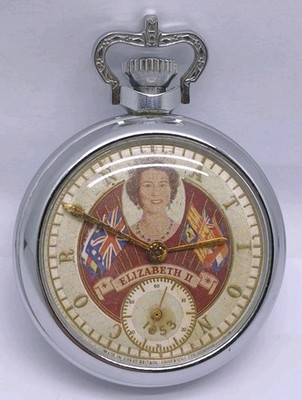Vintage 1953 Ingersoll Queen Elizabeth II QE11 Coronation Souvenir 51mm Taschenuhr