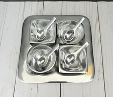 Polished Steel Snack Server 4 mini bowls w/ Spoons And Square Tray Beautiful