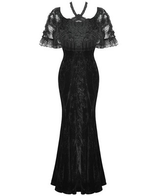 Dark in Love Damen langes Gothic Rose Samt & Spitze Caped Meerjungfrau Kleid