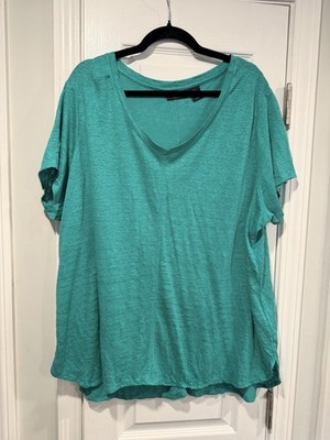 NWOT Tahari Size 3X Jade Green 100% Linen V Neck Short Sleeve Relaxed Fit Top