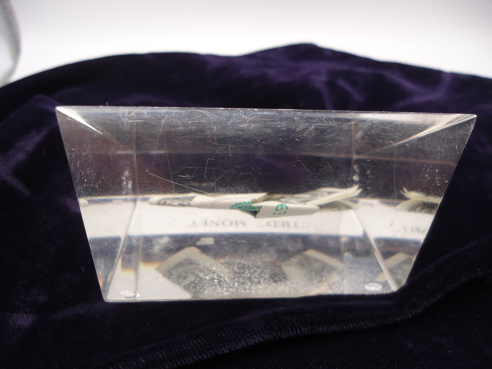 "Tied Money" Origami Folded New  $1 Bill, In A Lucite Block Paper Weight