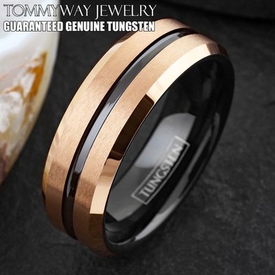 8mm Tungsten Men's Brushed Rose Gold Plated w/ Black Stripe Wedding Band Ring