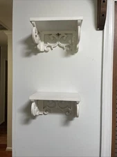 PAIR of White Wall Hanging shelves. scroll cutout design, country french, wood