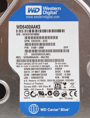 Western Digital Caviar Blue 640GB Internal 7200RPM 3.5" WD6400AAKS PC Hard Drive - Afbeelding 13 van 14